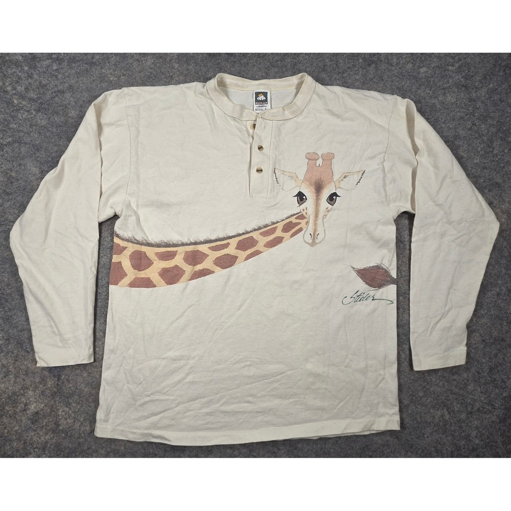Vintage Stieler Giraffe Wrap Around Henley Shirt Large Cream Made in USA L/S